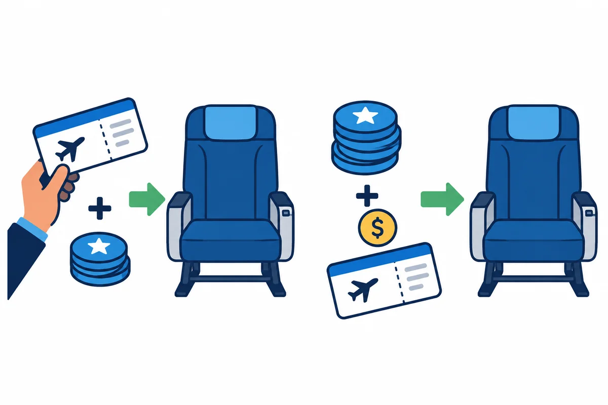 対象航空券にマイルを足すアップグレードと、マイルに税金等を足す特典航空券の違いを描いた概念図。実際の座席ではありません。