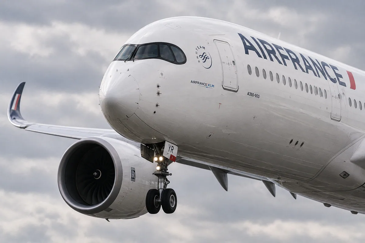 AI-arranged editorial illustration: Air France Airbus A350-900. Inspired by a related photograph, not the reviewed flight.