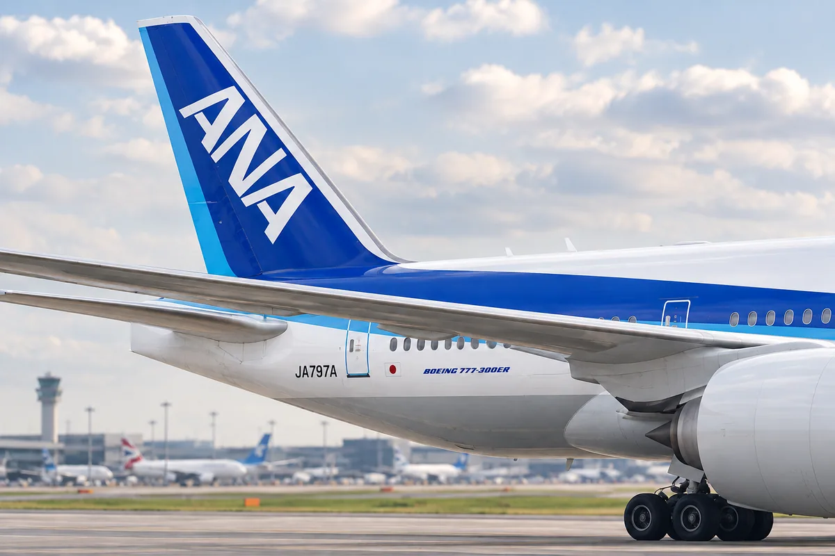 ANA（全日本空輸）のBoeing 777-300ERを題材にしたAIイメージ。実際の搭乗写真ではありません。