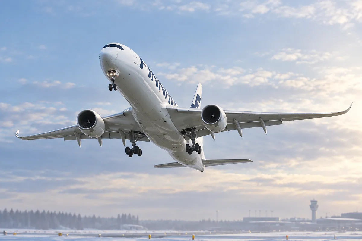 AI-arranged editorial illustration: Finnair Airbus A350-900. Inspired by a related photograph, not the reviewed flight.