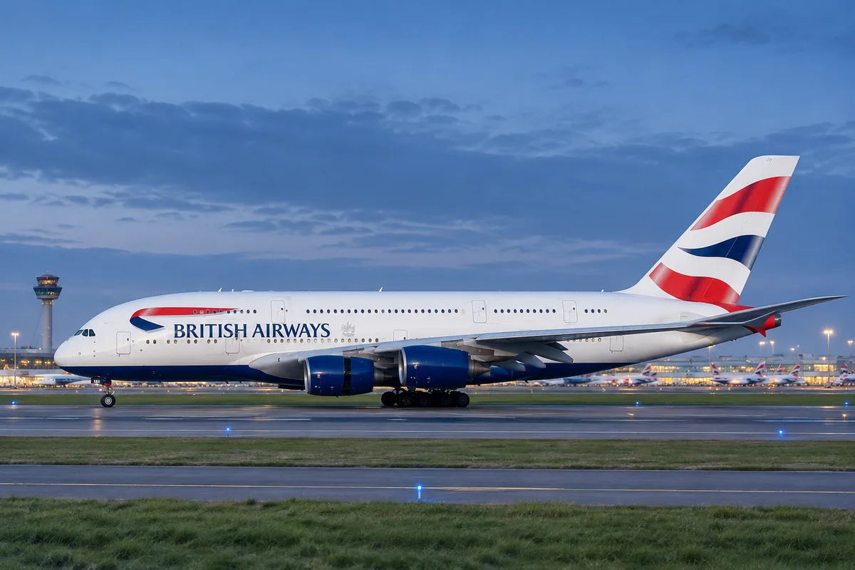 AI-arranged editorial illustration: British Airways Airbus A380-800. Inspired by a related photograph, not the reviewed flight.
