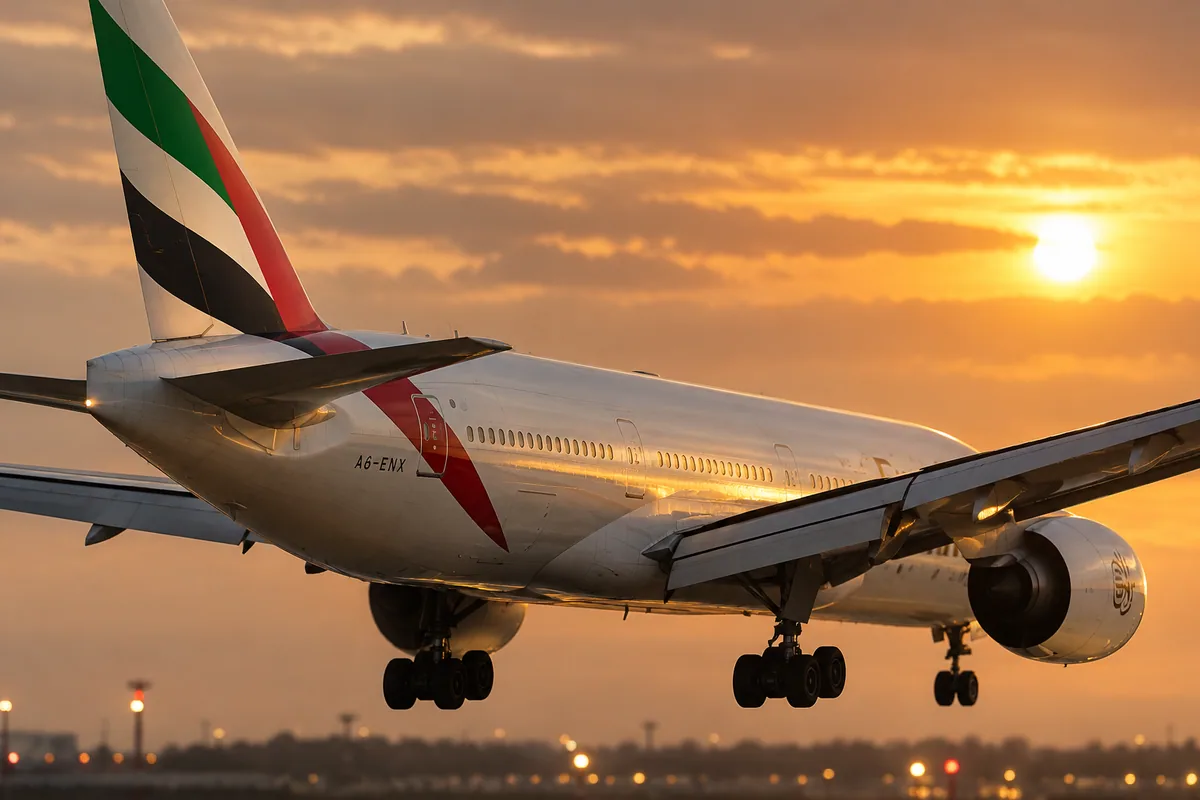 AI-arranged editorial illustration: Emirates Boeing 777-300ER. Inspired by a related photograph, not the reviewed flight.