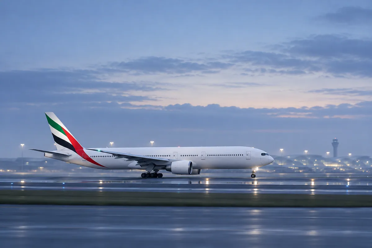 AI-arranged editorial illustration: Emirates Boeing 777-300ER. Inspired by a related photograph, not the reviewed flight.