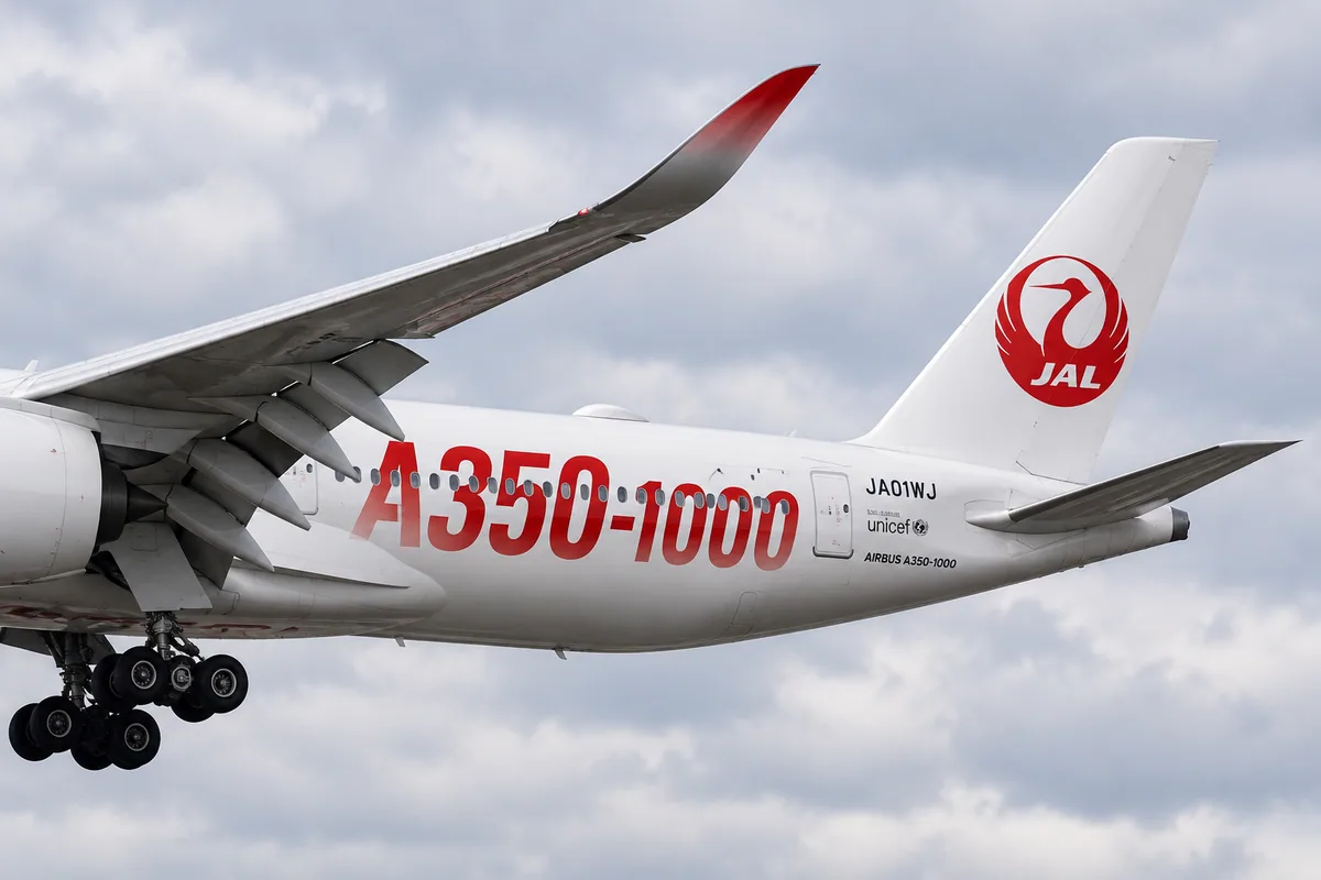 AI-arranged editorial illustration: Japan Airlines Airbus A350-1000. Inspired by a related photograph, not the reviewed flight.