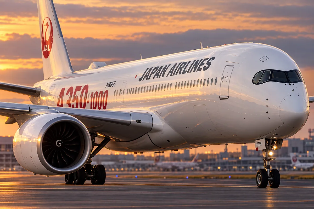 AI-arranged editorial illustration: Japan Airlines Airbus A350-1000. Inspired by a related photograph, not the reviewed flight.