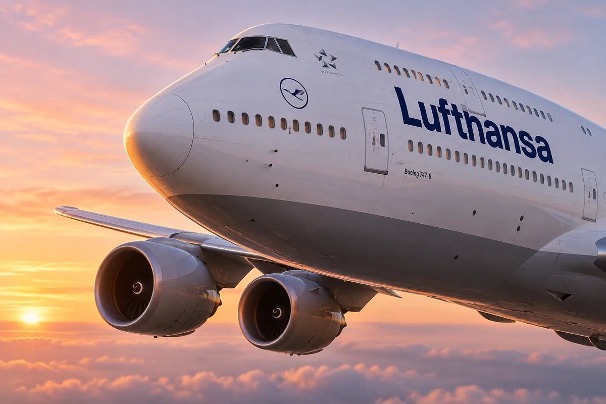 AI-arranged editorial illustration: Lufthansa Boeing 747-8. Inspired by a related photograph, not the reviewed flight.