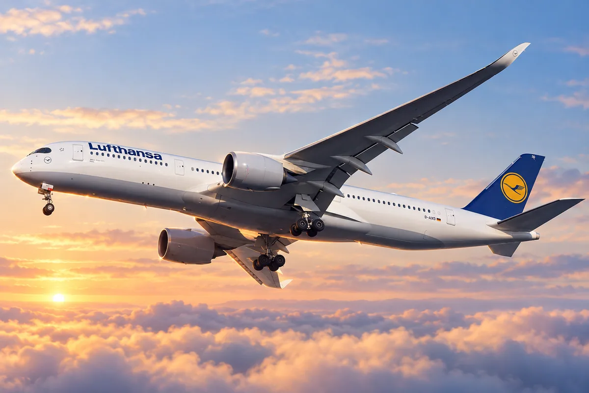 AI-arranged editorial illustration: Lufthansa Airbus A350-900. Inspired by a related photograph, not the reviewed flight.