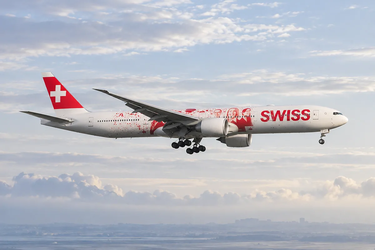 AI-arranged editorial illustration: SWISS Boeing 777-300ER. Inspired by a related photograph, not the reviewed flight.