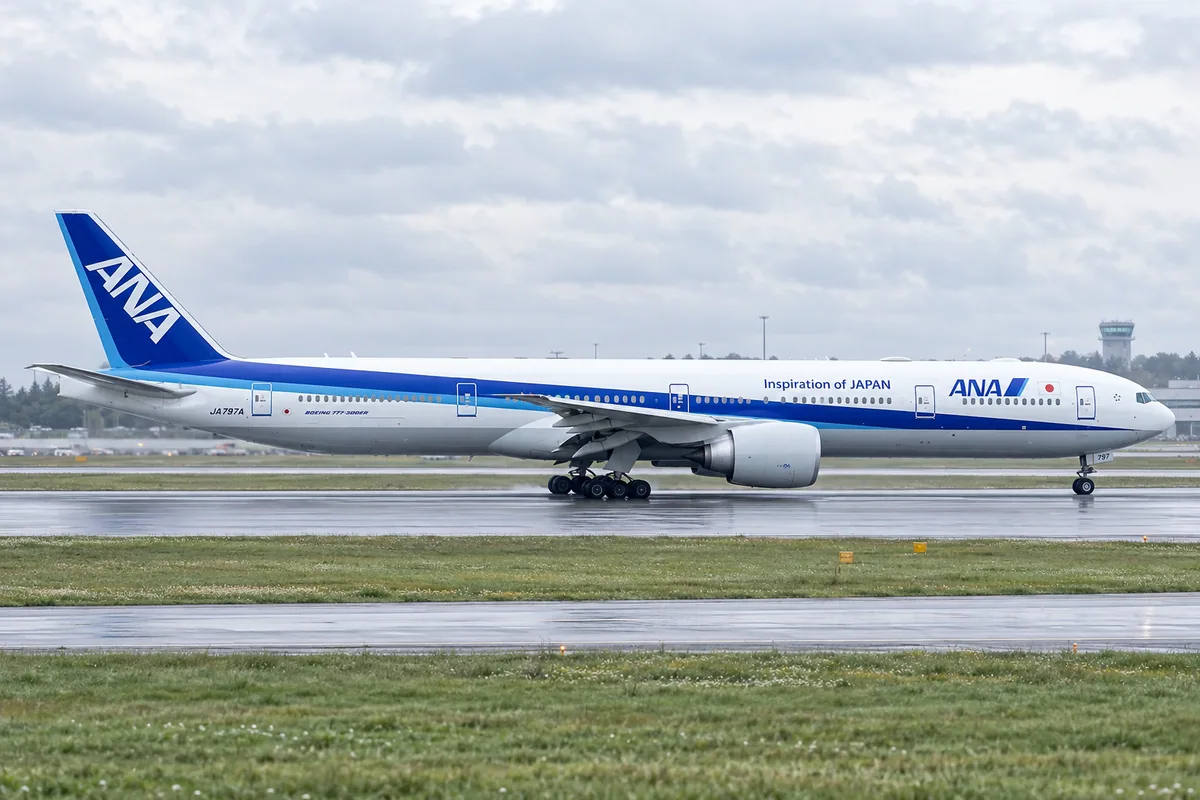 AI-arranged editorial illustration: ANA Boeing 777-300ER. Inspired by a related photograph, not the reviewed flight.