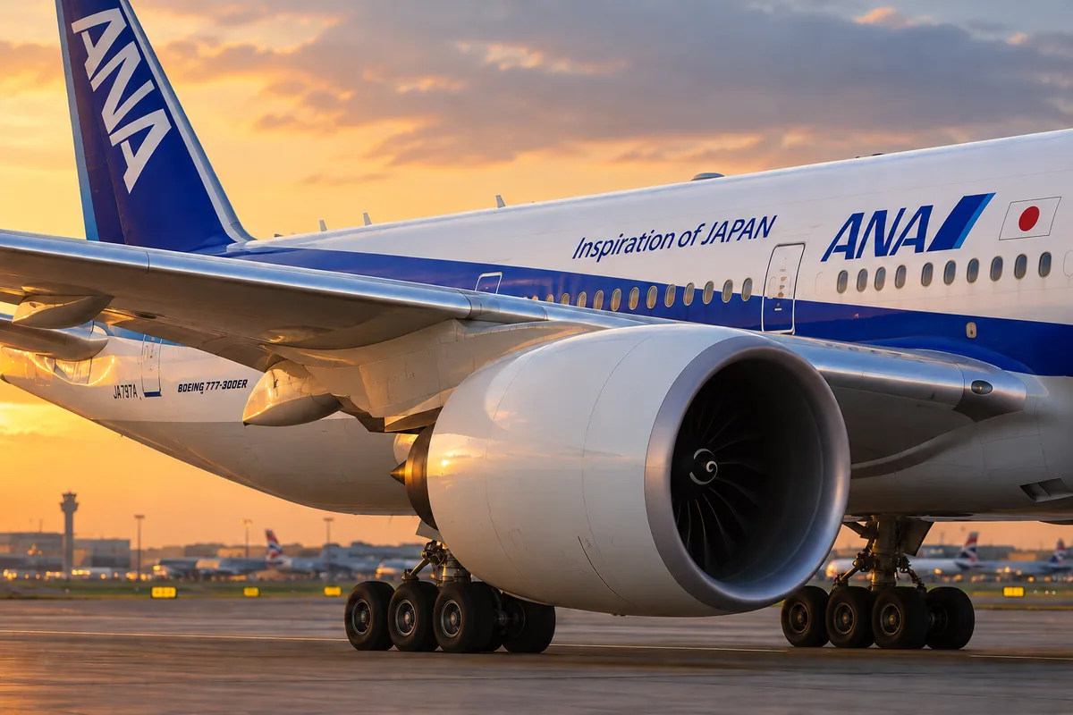 AI-arranged editorial illustration: ANA Boeing 777-300ER. Inspired by a related photograph, not the reviewed flight.