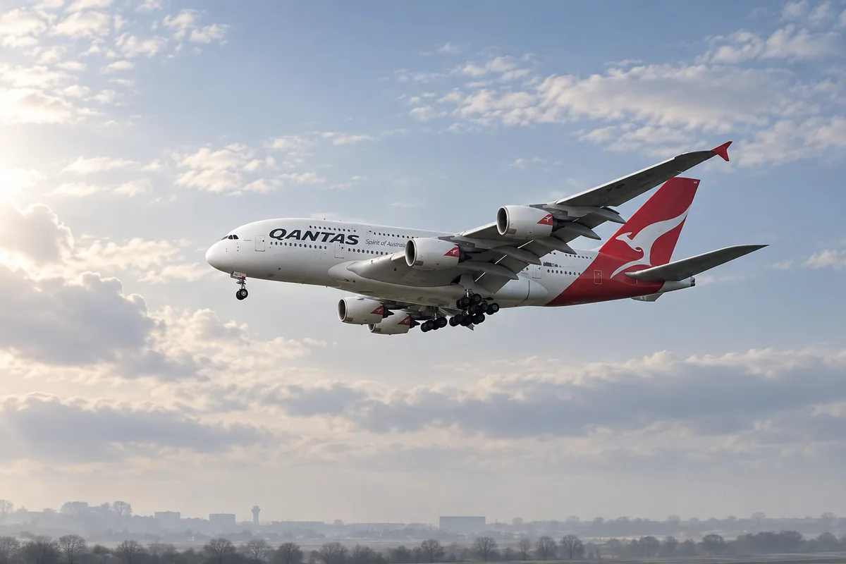 AI-arranged editorial illustration: Qantas Airbus A380-800. Inspired by a related photograph, not the reviewed flight.