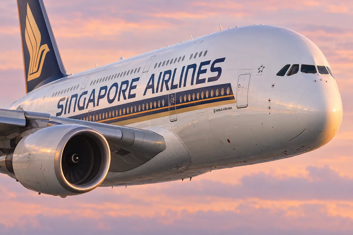 AI-arranged editorial illustration: Singapore Airlines Airbus A380-800. Inspired by a related photograph, not the reviewed flight.