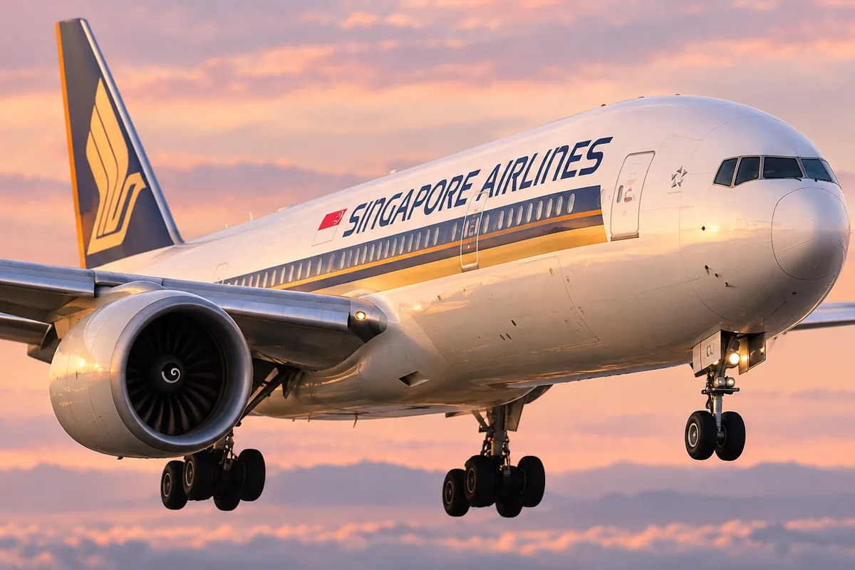 AI-arranged editorial illustration: Singapore Airlines Boeing 777-300ER. Inspired by a related photograph, not the reviewed flight.