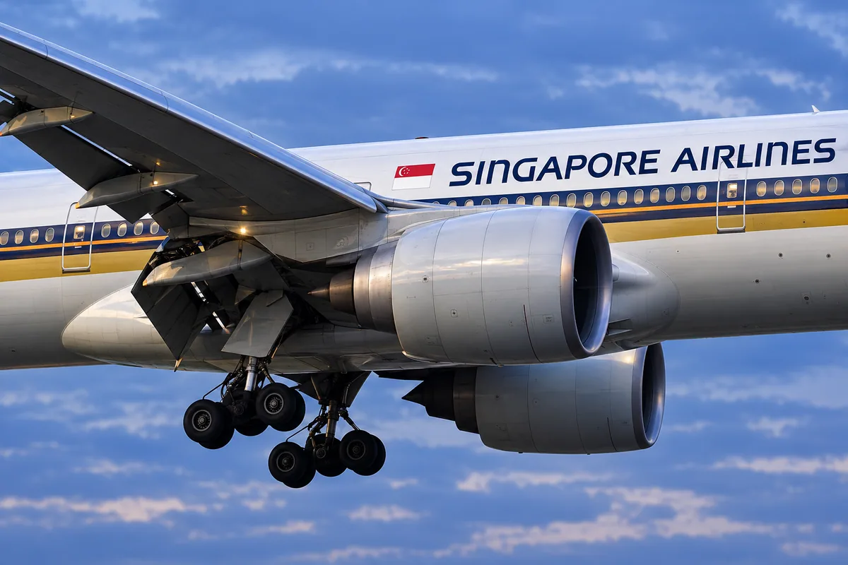 AI-arranged editorial illustration: Singapore Airlines Boeing 777-300ER. Inspired by a related photograph, not the reviewed flight.