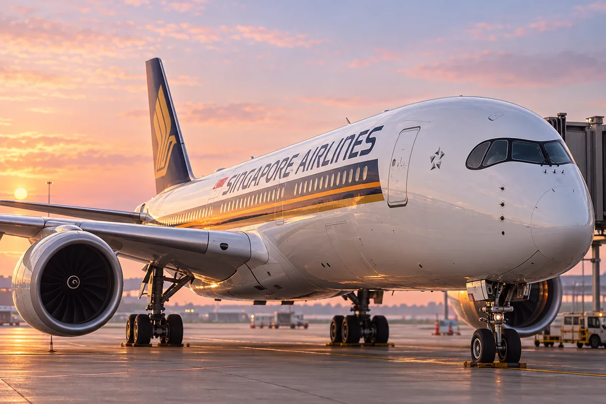 AI-arranged editorial illustration: Singapore Airlines Airbus A350-900. Inspired by a related photograph, not the reviewed flight.