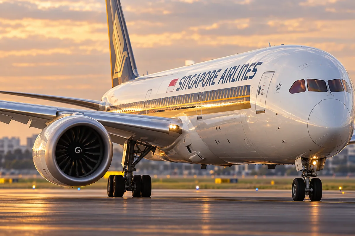 AI-arranged editorial illustration: Singapore Airlines Boeing 787-10. Inspired by a related photograph, not the reviewed flight.